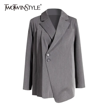 

TWOTWINSTYLE Asymmetrical Women's Blazer Notched Long Sleeve Tunic Casual Minimalist Pleated Blazers Female 2020 Autumn Clothes