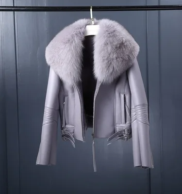 Пальто из натурального меха, зимняя куртка для женщин, натуральный Лисий меховой воротник, Натуральная шерсть, меховой вкладыш, искусственная кожа, Толстая теплая уличная одежда - Цвет: grey