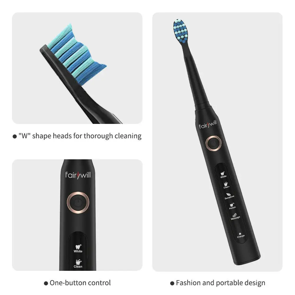 Fairywill Ultrasonic Automatic Tooth Brush Rechargeable Waterproof IPX7 Timer 5 Modes 3 Brush Heads Electric Toothbrush FW-507 Fairywill Ultrasonic Automatic Tooth Brush Rechargeable Waterproof IPX7 Timer 5 Modes 3 Brush Heads Electric Toothbrush FW-507