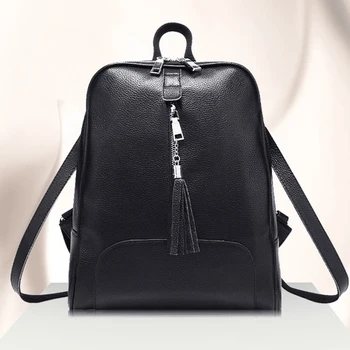 

New Luxury Black Women Tassel Backpack Genuine Leather School Bag For Girl Female Knapsack Elegant anti theft backpack
