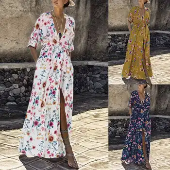 

ZANZEA Women Long Maxi Dress 2019 Long Sleeve Bohemian Vestidos Floral Print Kaftan Robe Femme Sexy V Neck High Split Sundress