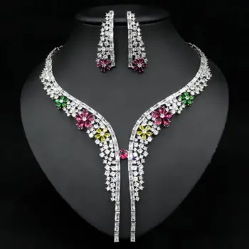 

2020 new fashion luxury RED BLUE GREEN CZ zircon necklace earring set,wedding bridel dinner banquet dress jewelry free shipping
