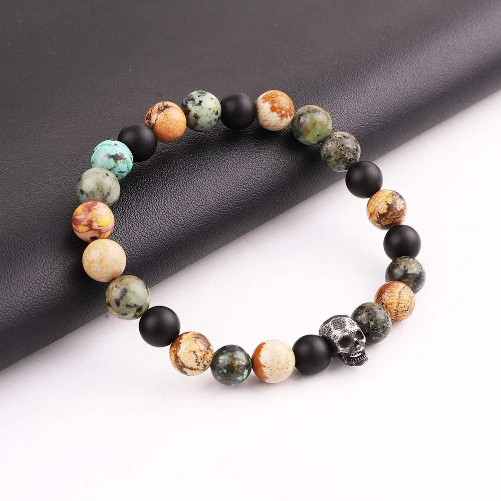 Men Bracelet Set New Design Stainless Steel Vintage Skull Charm Lion Natural Stone Tiger Eye Beads Bacelet Men - Image 3