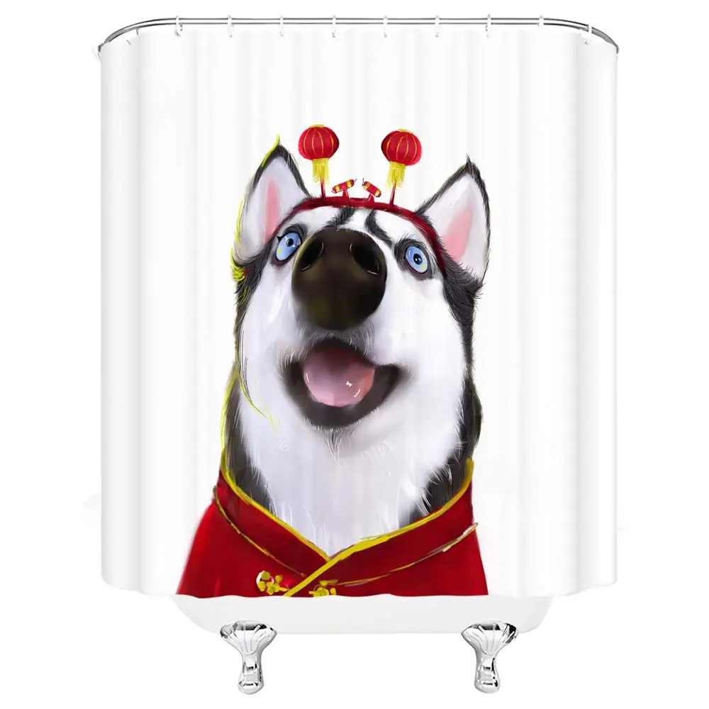 

Animal Shower Curtain Dog Wearing a Lantern Hair Clip Ink Watercolor Polyester Bathroom Decoration 70 Inch with Hook Hole