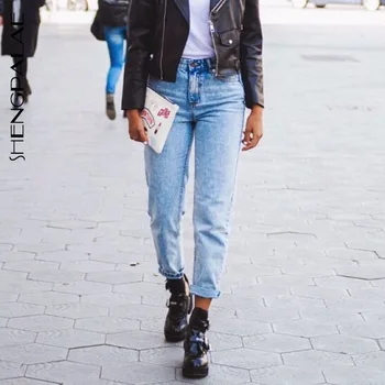 

SHENGPALAE 2020 New Casual Jeans Woman Long Trousers Cowboy Female Loose Streetwear High Waist Loose Straight Denim ZA2852