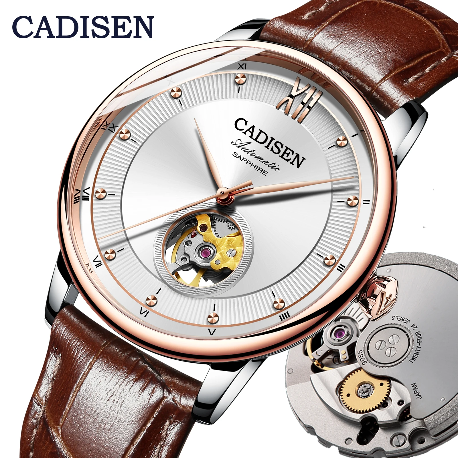 

CADISEN Ultra-thin Automatic Men Mechanical Watch Artistic Temperament Rose Gold Leather Watch Business Leisure 5ATM Waterproof