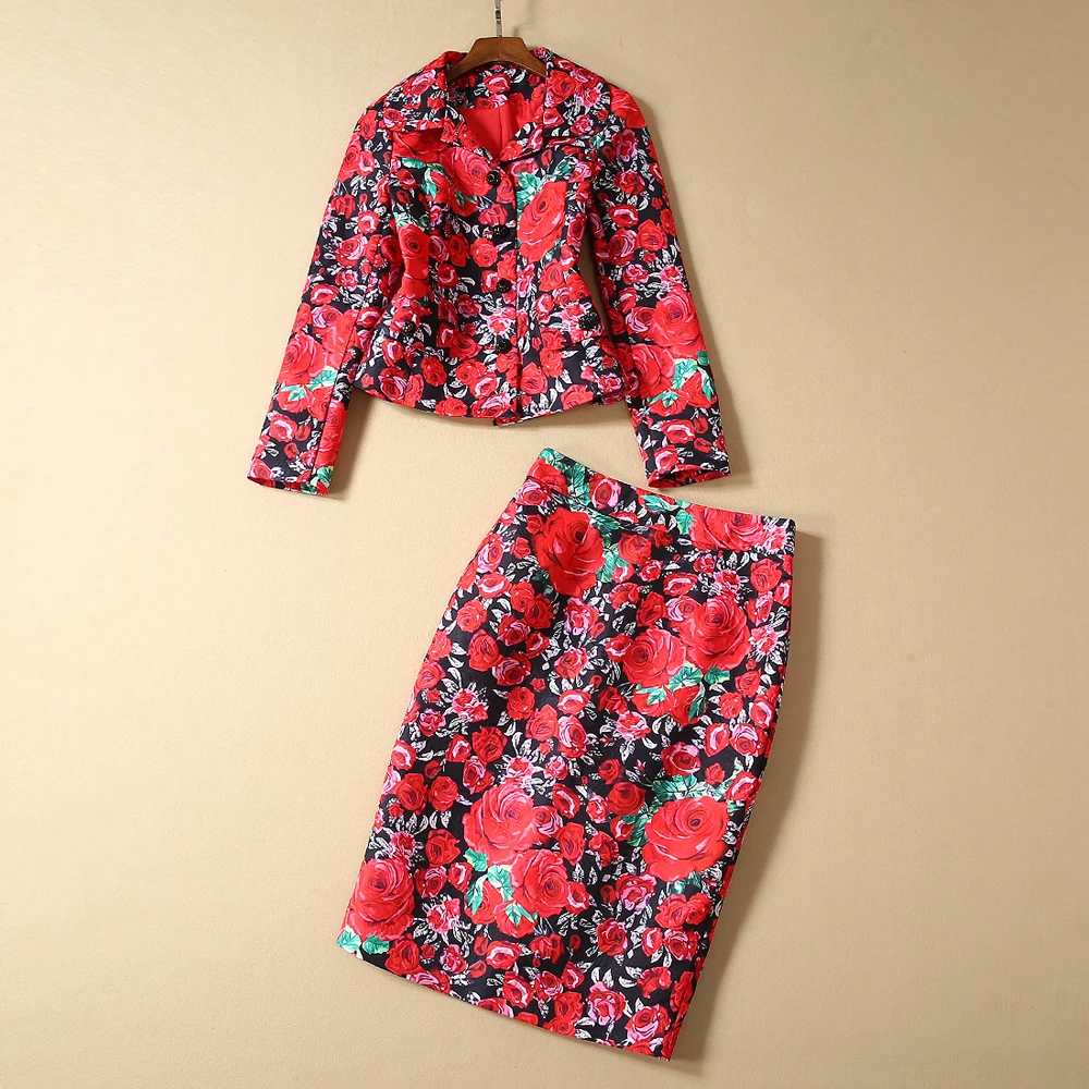 

Red RoosaRosee Designer Autumn Winter Women 2 Piece Set Flower Print Diamond Button Long Sleeve Jacket Coat + Skirt Suit Twinset
