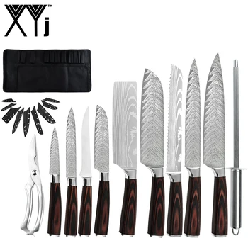 

XYj Cooking Knives Set Japanese Chef Knife Set Stainless Steel Chopper Sharpening Rod Scissor Kitchen Knives Set With Canvas Bag