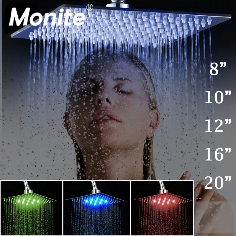 Monite 8 10 12 16 20 24 Inch LED Rain Shower Head B8136 Stainless Steel