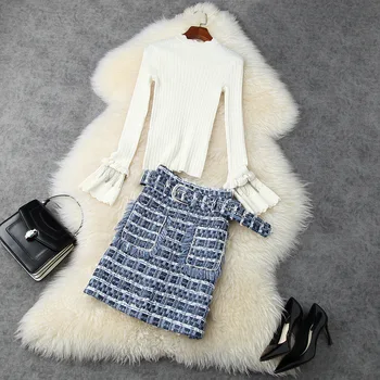 

European and American women's wear 2020 winter new style Flared long-sleeve knitted sweater Tweed skirt Fashion suits