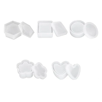 

5 Pack Resin Molds,Jewelry Box Resin DIY Molds in Heart Hexagon Square Shape,Silicone Epoxy Round Box Resin Mold Set