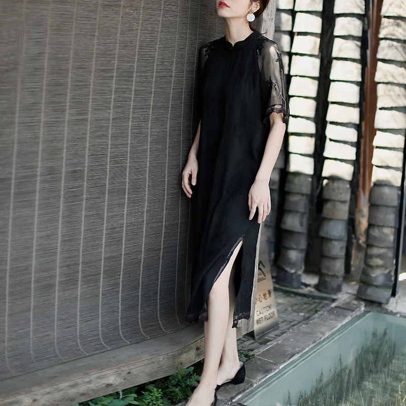 ROJAY улучшенное Cheongsam стиль молодой платье длинное кружевное платье элегантное платье прямое свободное платье с разрезом