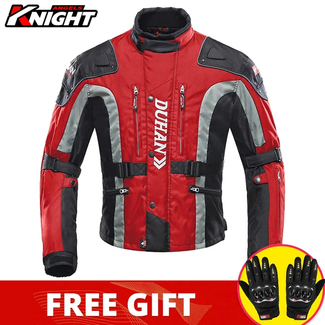 DUHAN Motorcycle Jacket Pants Suit Waterproof Racing Jacket Protective Motocross Lining Four Seasons Motorcycle Jacket Men S-3XL D-023 Red Jacket