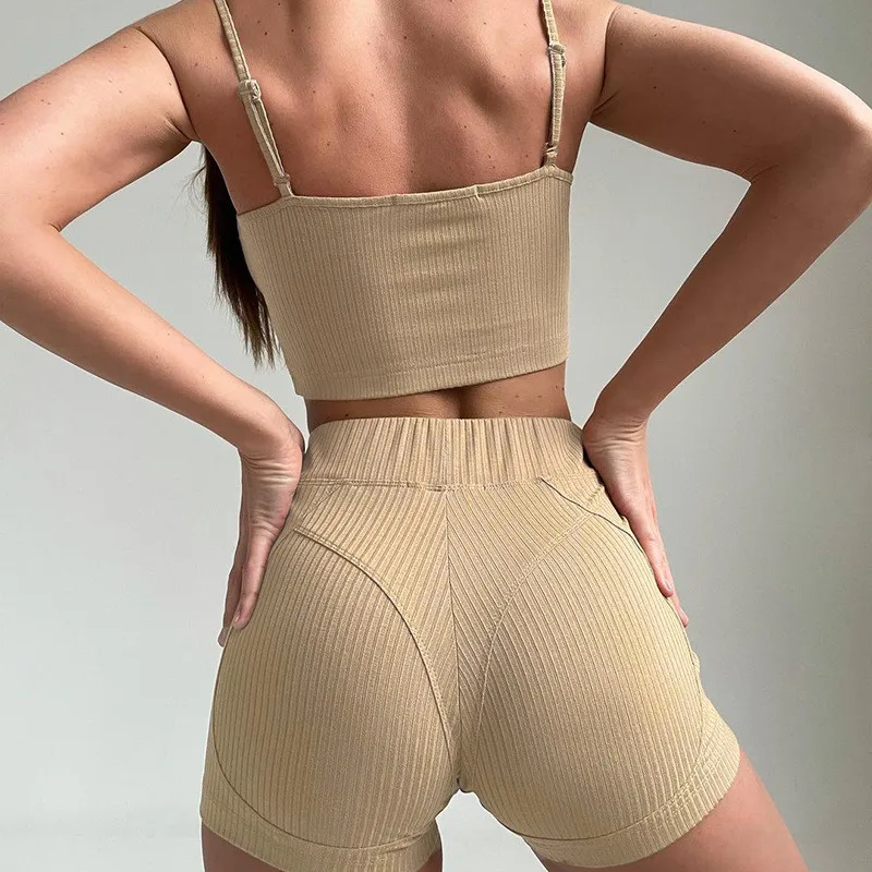 TiulZial Sport Matching Women Shorts Set Ribbed Knitted Crop Top And Biker Shorts Two Pieces One Suit Booty Shorts Set Tracksuit cute pj sets