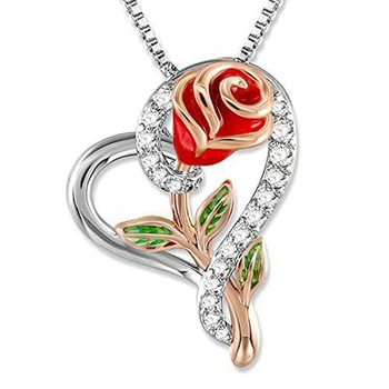 

Charm Heart Rose Flower Pendant Necklace Fashion Crystal Wedding Necklace For Women Elegant Rose Necklace
