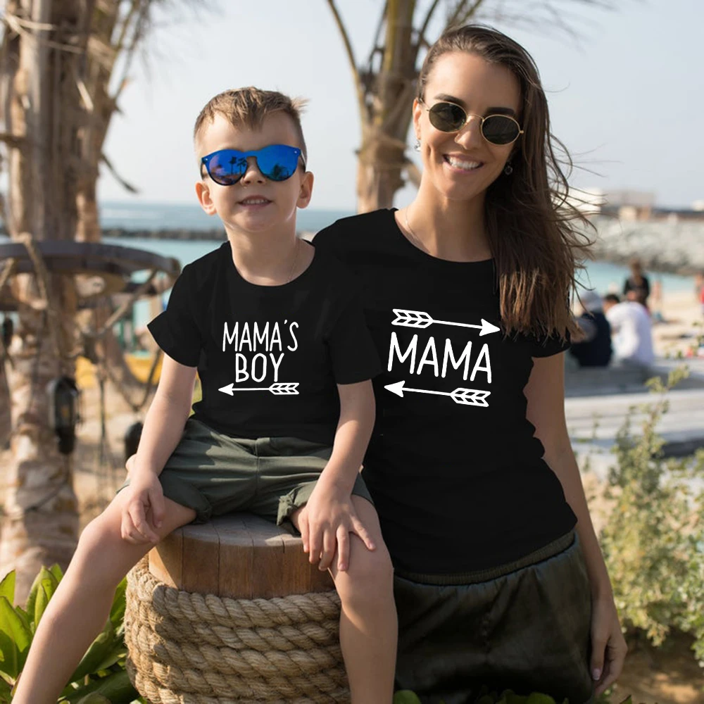 Camiseta informal de algodón con dibujo niño y Mamá, ropa a juego para madre e hijo, color negro