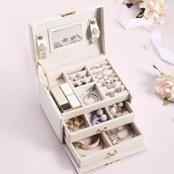 

3 Layer PU Leather Display Box Large Capacity Jewelry Storage Box Necklace Earring Holder Drawer Organizer with Mirror Lock