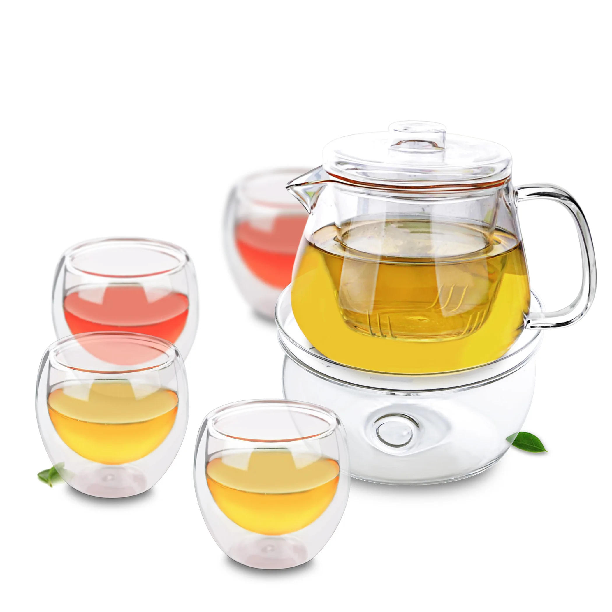 

1x Heat Resistant Glass Tea Set -485ml Handmade Clear Flower Teapot +4x 80ml Double Wall Cups + Warmer A