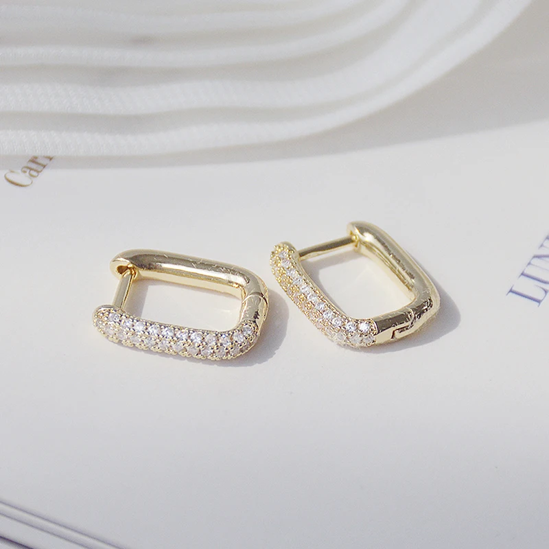 Creativo diseño simple bloqueo cuadrado pendiente 14K real exquisito de oro de cobre con incrustaciones pendientes de circonita para mujer joyería