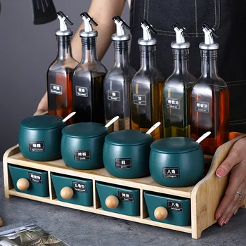 

Simple Ceramic Condiment Bottle Oil Bottle Set with Wooden Holder Spice Seasoning Rack Jar Container Salt Sugar Tea Storage
