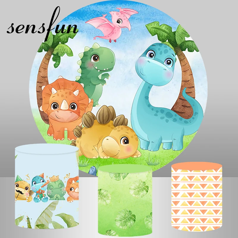 Sensfun Cute Cartoon Dinosaur Party Round Backdrop Cover Kids 1st BirthdayCircle Photography Background Plinth Covers Custom Photo Backdrop