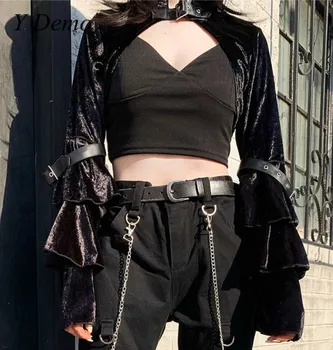 

Gothic Punk Short Buckle Jacket Women Velvet Ruffles Flare Sleeve Cloak