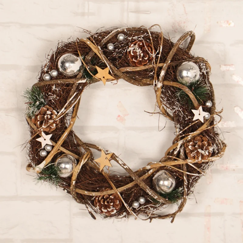 Holiday Christmas Front Door Wall Window Decor Garland Artificial Rattan Wreath With Silver Balls And Pine Cones