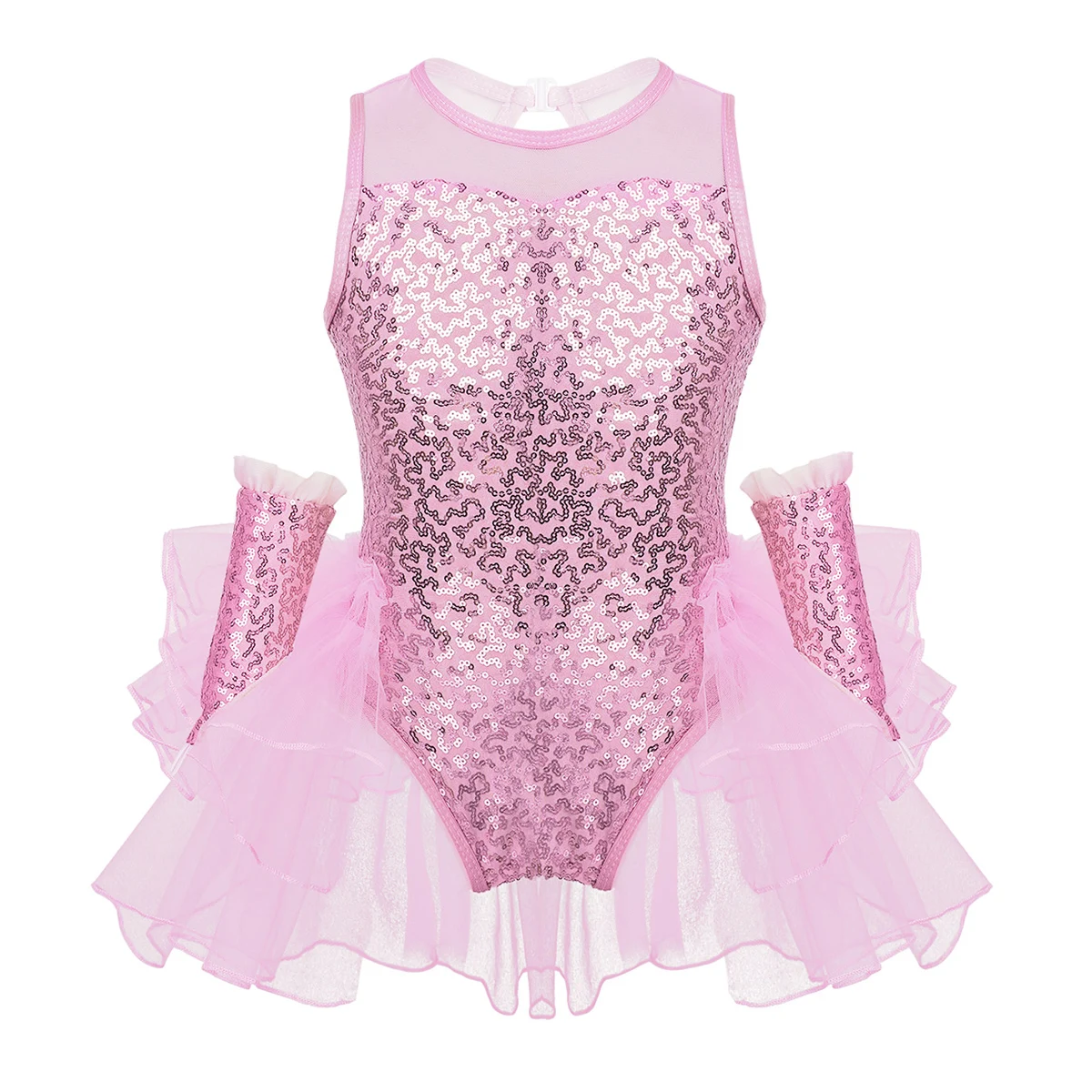 Pink MSemis/Одежда для маленьких девочек; Одежда для танцев; фатиновое платье без рукавов с блестящими пайетками для фигурного катания на коньках; танцевальное трико с рукавами на запястье - Цвет: Pink