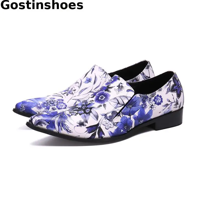 

Floral Printed Genuine Leather Fashion Shoes Pointed Toe Slip On Men Casual Shoes Men Loafers