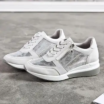 

New Casual Wedge Sneakers Women Sports Fashion Brand Shoes Breathable lightweight Lace-up Glitter sneakers