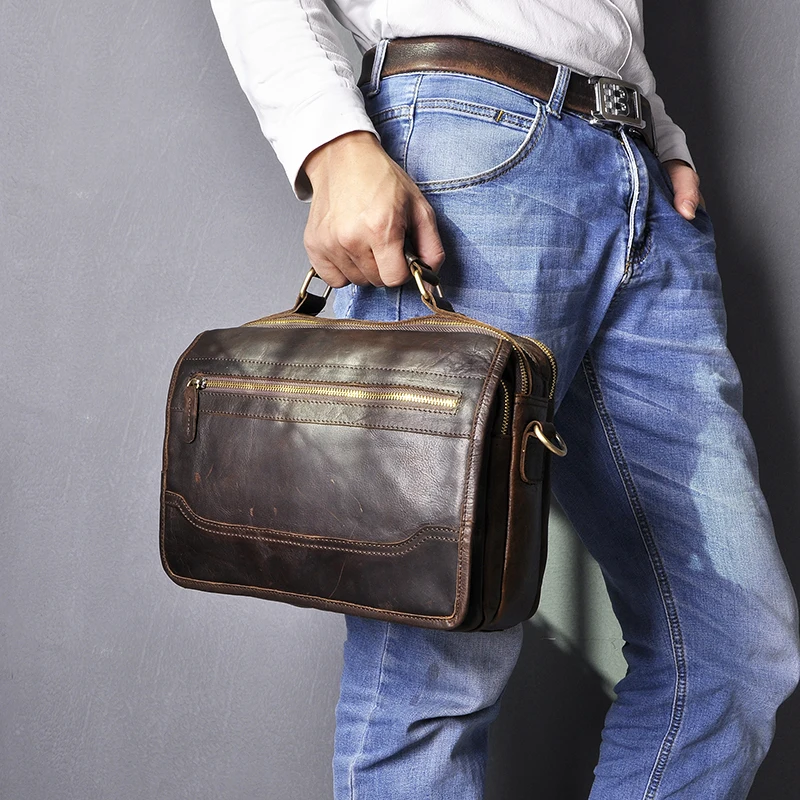 Hot Sale Crazy Horse Leather Design College Shoulder Messenger Cross-body bag For Men Male Mochila Satchel School Tote bag 648