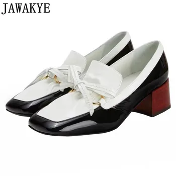 

White Black Vintage Oxfords Office Ladies Slip on Leather Shoes Square Toe Bowtie-knot Italian Designer Shoes Women