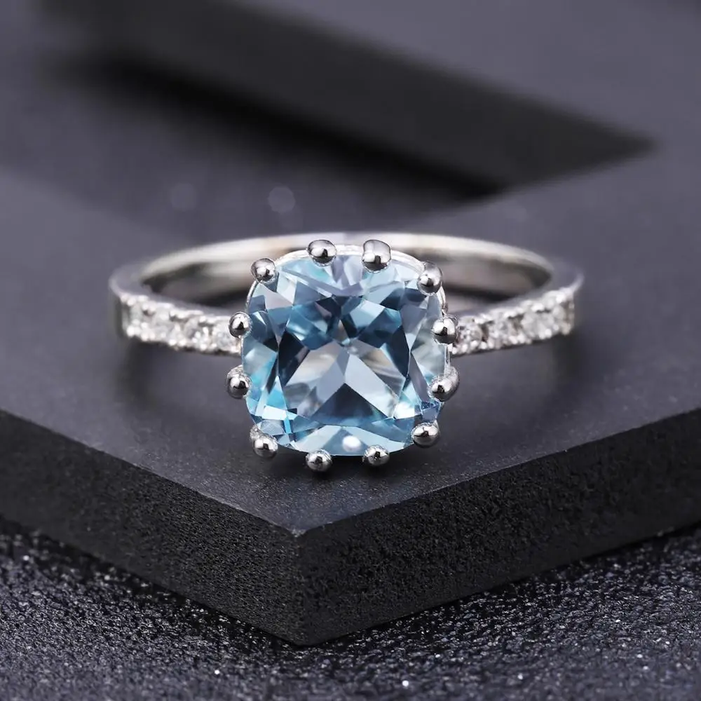GEM'S балетные 925 пробы серебряные кольца для женщин 4.68Ct натуральный круглый Небесно голубой топаз драгоценный камень кольцо Свадебные ювелирные изделия