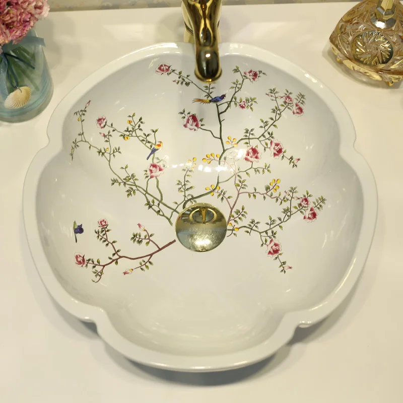 China Painting Peony and mandarin duck Ceramic Painting Art Lavabo Bathroom Vessel Sinks Round Countertop wash basin china (7)