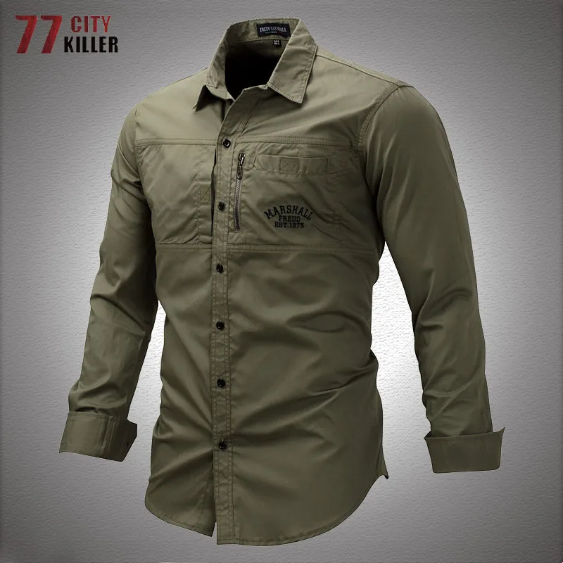 Bomber militar camisetas de los hombres de algodón de calidad de corte Slim de manga larga camisa de ejército para hombre Multi-bolsillo bordado de la fuerza aérea táctica Tops