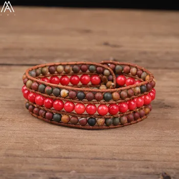 

6mm Natural Red Coral Beads Wrap Leather Handmade Braid Bracelet Women Round Jades Beads Multi- Layer Woven Bracelet N0398AMBI