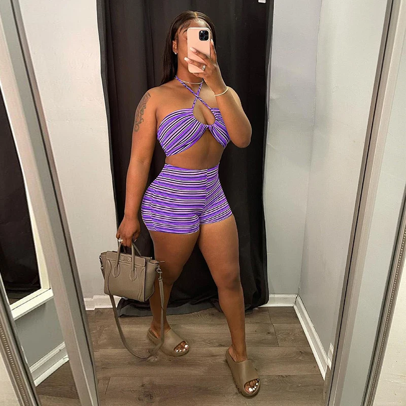 Women Set Plaid Striped Print Sleeveless Bandage Halter Bra Tops+Mini Shorts Two 2 Piece Sets Sexy Swimsuit Outfits Summer 2021 2 piece women sets urban fashion sexy tube top sleeveless top casual trouser suit 2021 summer new solid color african clothing