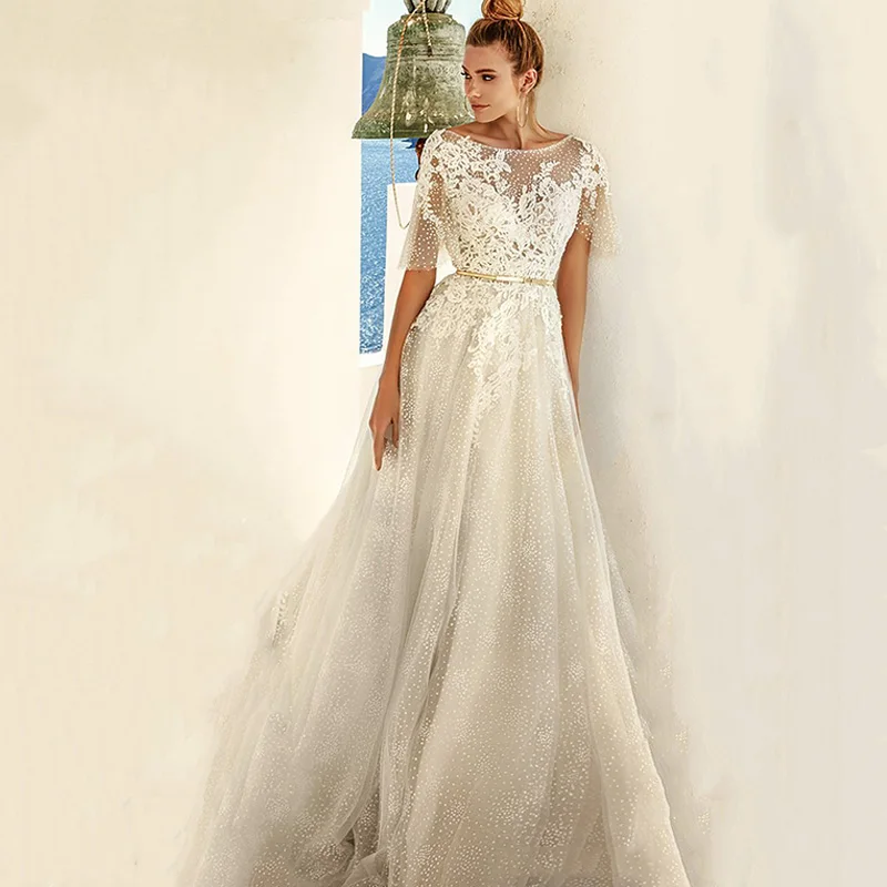 

Eightree Custom Made A Line Bridal Gown 2019 Half Sleeve Wedding Dresses Scoop Appliques Point Tulle Bride Dress wedding