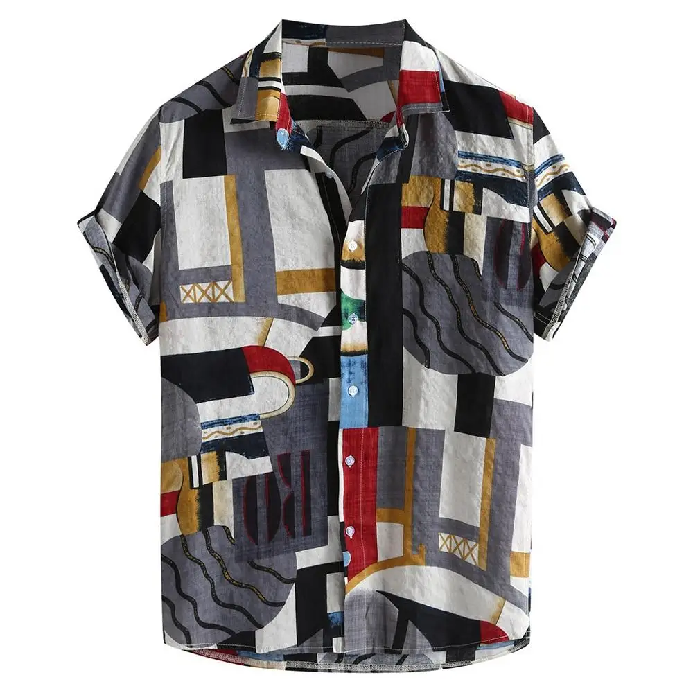 Мужская рубашка с геометрическим рисунком в стиле пэчворк, модная Гавайская Свободная рубашка с цветными блоками, винтажная Повседневная рубашка с коротким рукавом и пуговицами, льняные Топы# Y3 - Цвет: Red