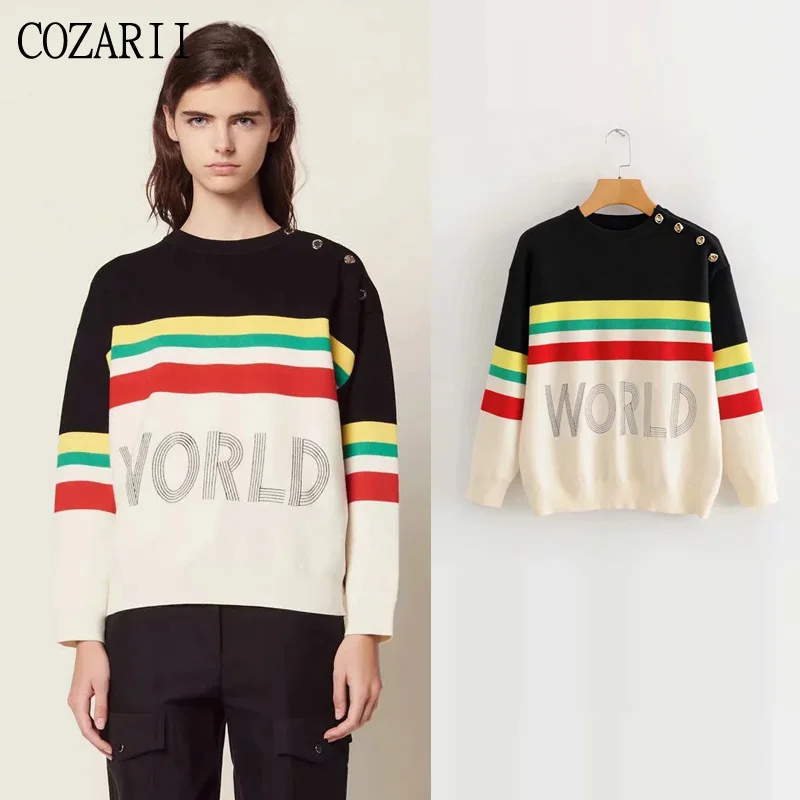 

COZARII 2019 sweater women casual style striped letter knitwear full sleeve O-Neck thin pullovers sweaters women tops