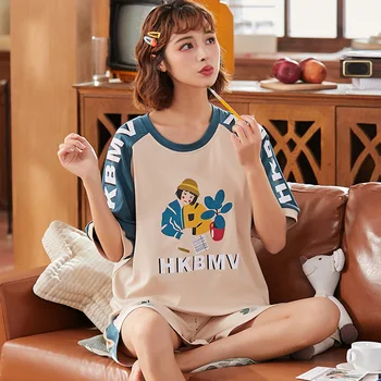 

Summer Pajamas Set Women's Beige Short-sleeve Shorts Letter Print Cotton Two-piece Set Lounge Wear Girl Pajamas