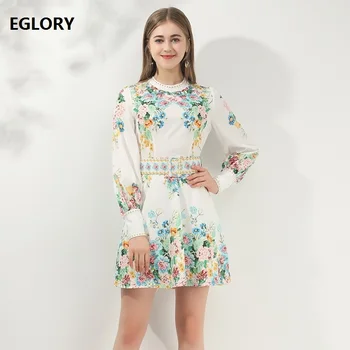 

Beautiful Dress 2020 Spring Style Women Stand Neck Golden Beading Deco Charming Flower Print Long Sleeve Large Swing Dress Chic