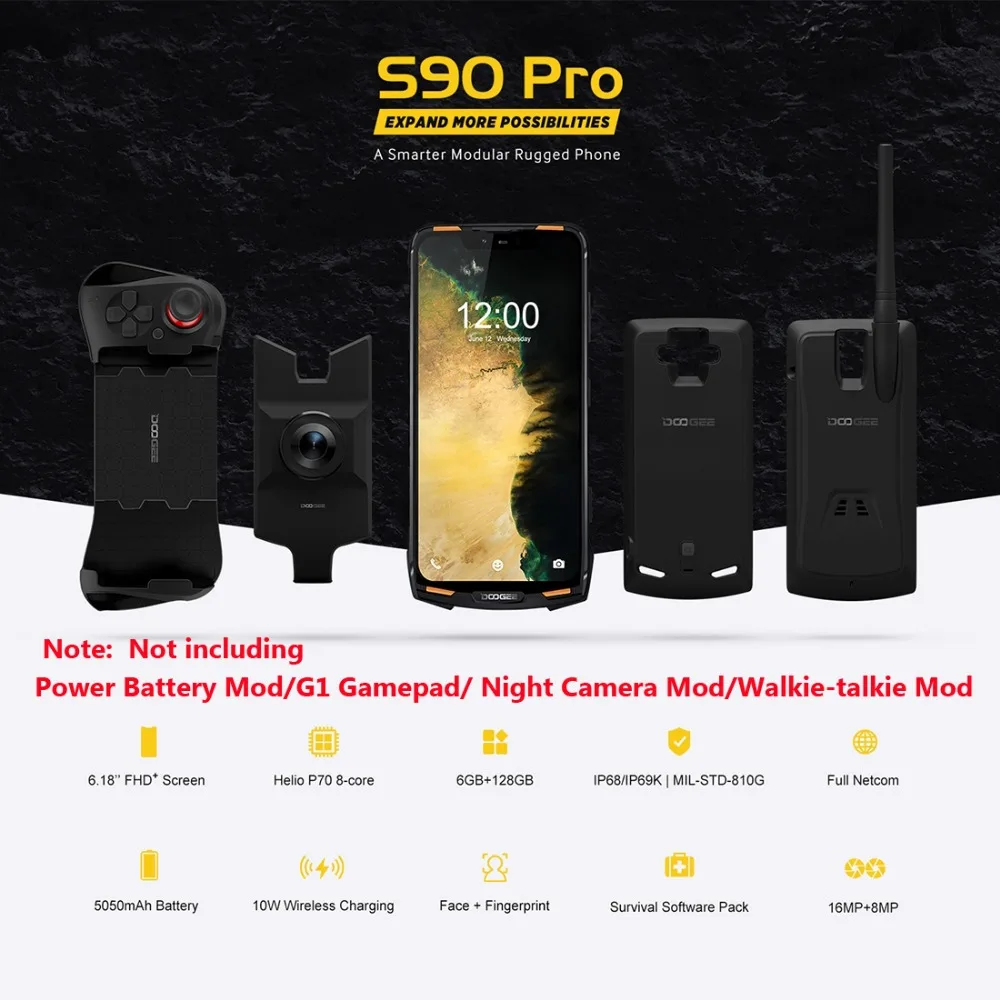 DOOGEE S90 Pro, мобильный телефон, 6 ГБ, 128 ГБ, водонепроницаемый, 5050 мАч, отпечаток пальца, распознавание лица, 6,18 дюймов, Android 9,0, четыре ядра, 4G, NFC, OTG Смартфон
