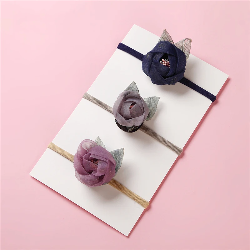 WARMOM DIY Handmade Elastic Hair Bands Gauze Lace Flowers Green Leaves Children Hairbands Gift Kids Hair Drcor Hair Accessories