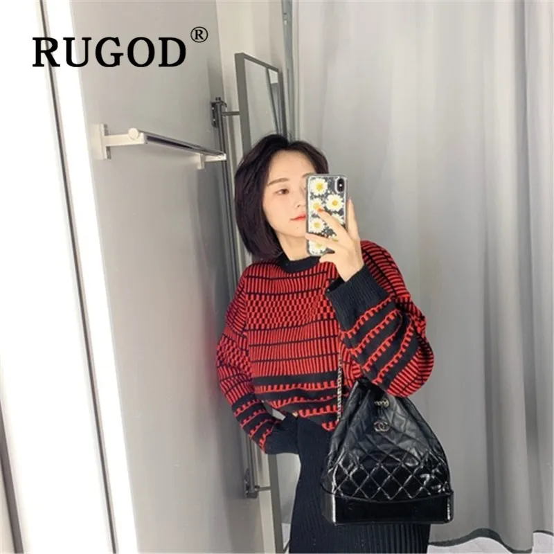 RUGOD с круглым вырезом абстрактный свитер женский укороченный пуловер элегантный корейский стиль вязаная одежда мода шикарная одежда
