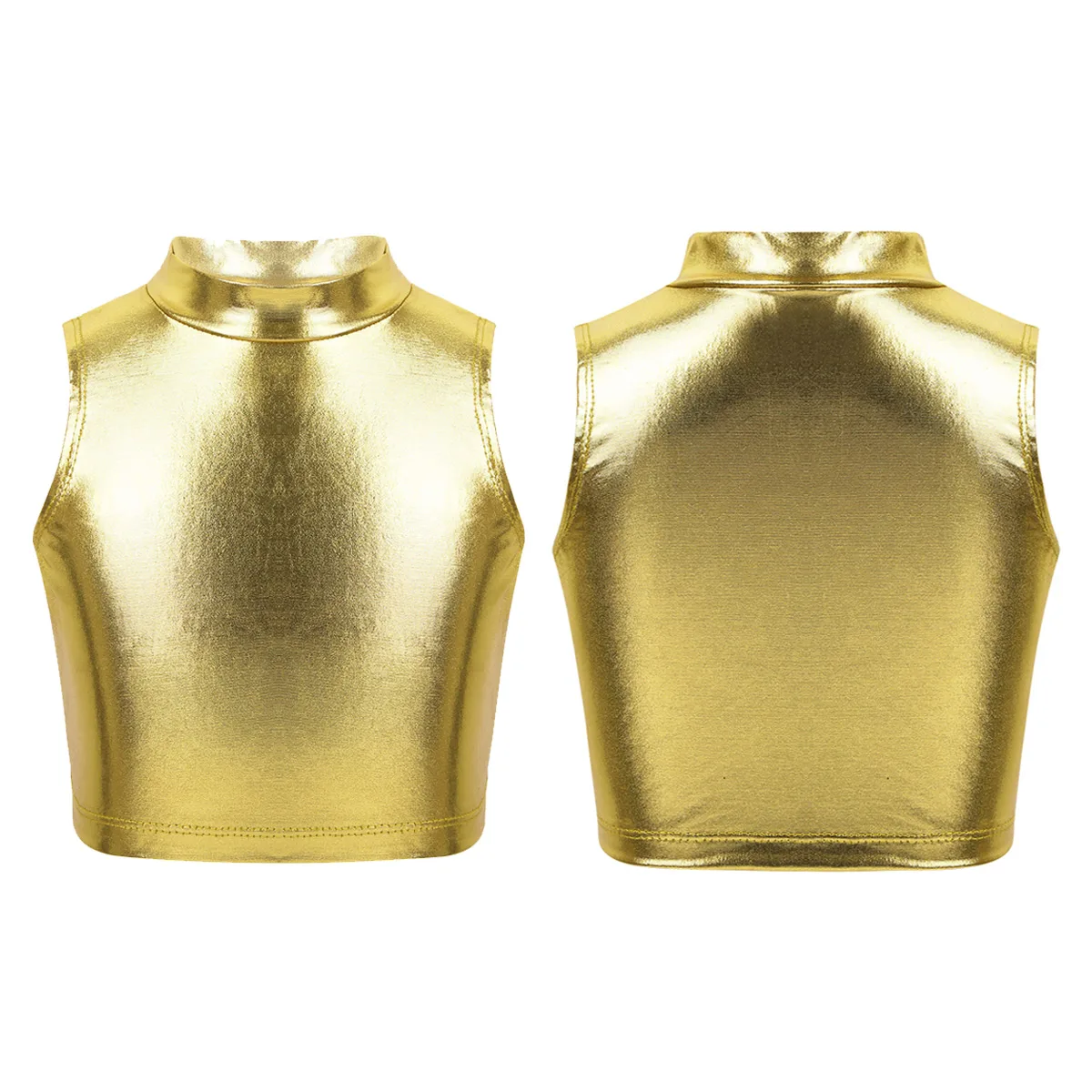 Kinder Mädchen Ballett Tanz Tops Ärmellos Glänzend Metallic Rollkragen Tank Crop Top Weste Jazz Dance Performance Workout Kostüm