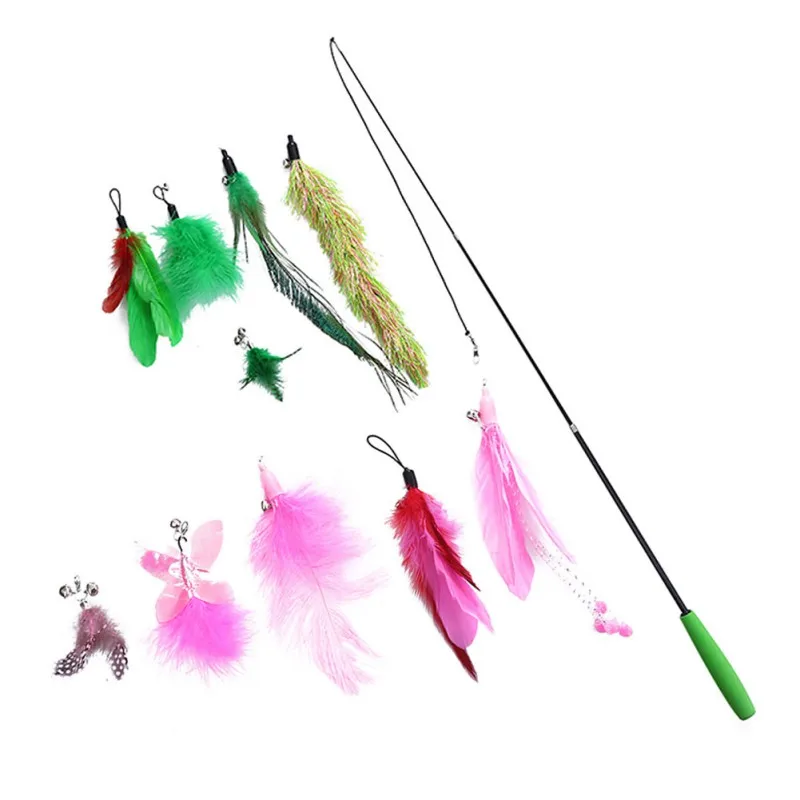 

Interactive Cat Stick Toy Three-section Telescopic Funny Cat Toy With Replacement Head Set Entertainment Feather Teaser Toys