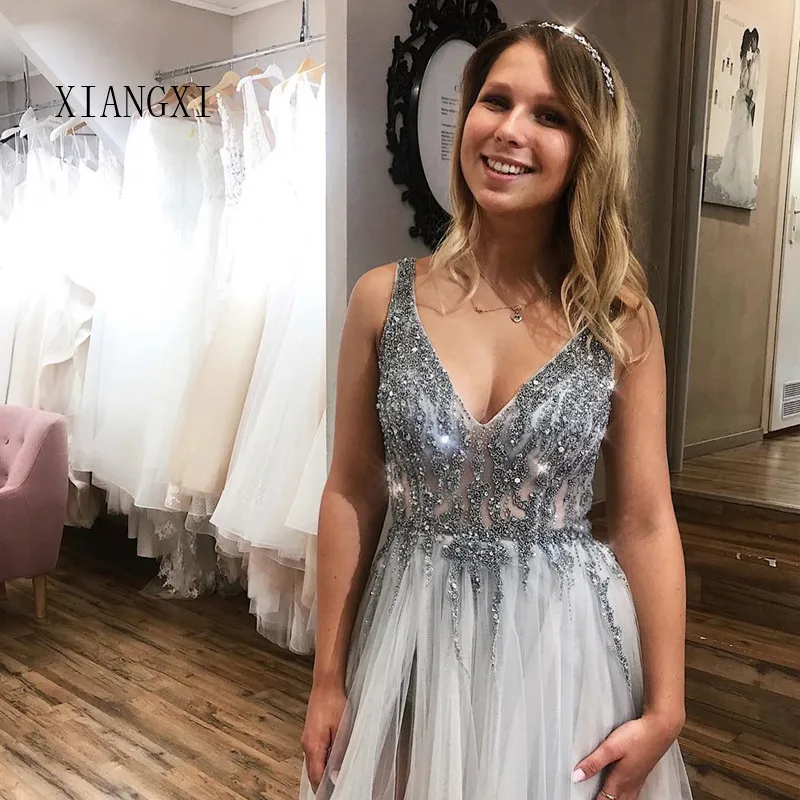 Vestidos Серебряные вечерние платья Длинные трапециевидные глубокий v-образный вырез с высоким разрезом вечерние платья официальные платья robe de soiree вечерние Dr