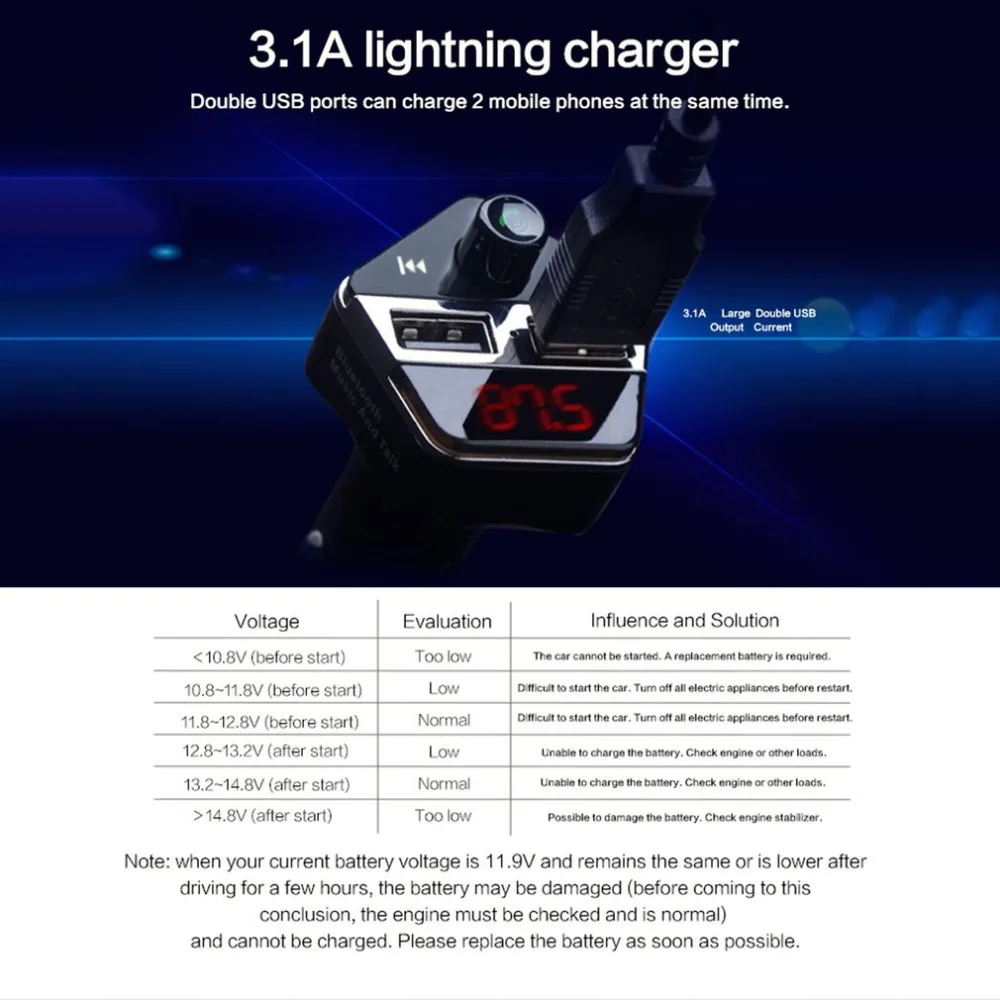 Двойной USB Bluetooth комплект автомобильного зарядного устройства комплект для громкой связи fm-передатчик батарея контроль напряжения Автомобильный MP3 музыкальный плеер