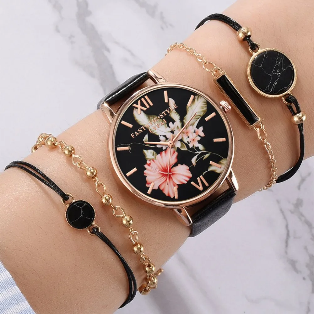 Lvpai 5pcs set Women Watches Bracelet Black Ladies Bracelet Watch Casual Leather Quartz Wristwatch Clock Relogio Feminino